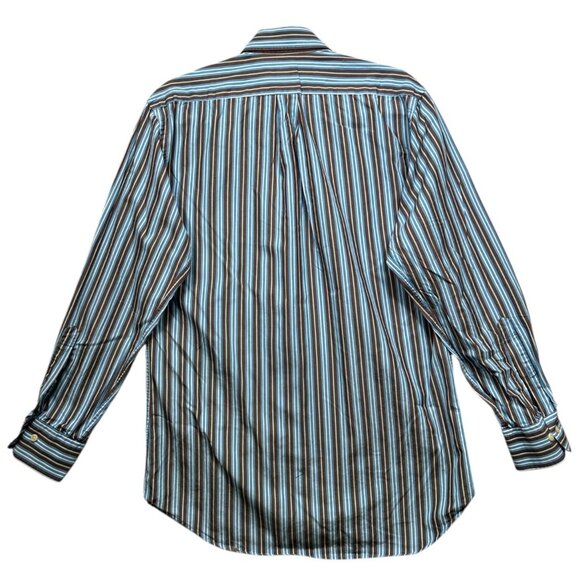 Peter Millar Mens Medium Striped Button-Down Shirt Brown & Blue Collar - Picture 3 of 7